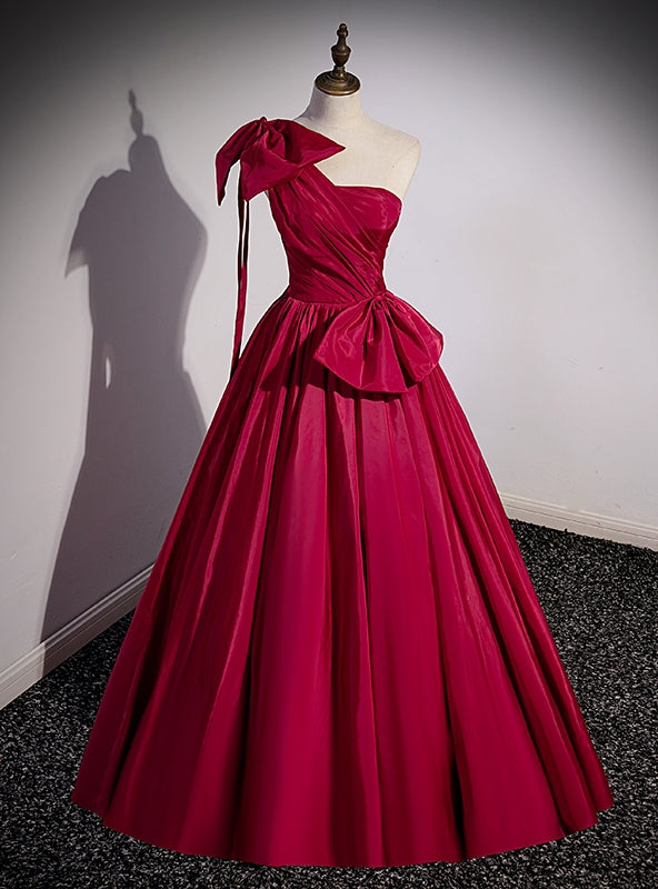 Burgundy One Shoulder Pleats Prom Dress