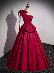 Burgundy One Shoulder Pleats Prom Dress