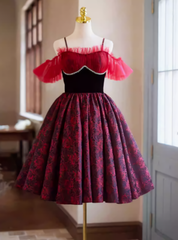 Burgundy Print Spaghetti Straps Homecoming Dress