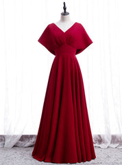 Burgundy Satin Bat Sleeve V-neck Prom Dress