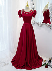 Burgundy Satin Cap Sleeve Beading Pearls Prom Dress