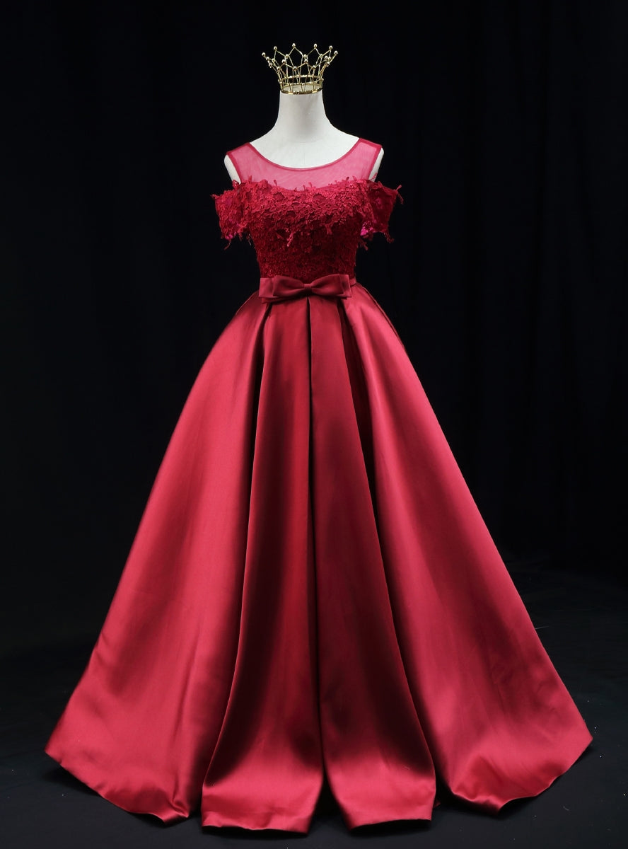 Burgundy Satin Lace Bow Prom Dress