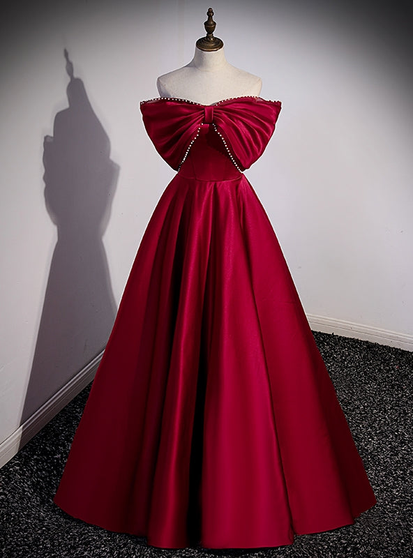 Burgundy Satin Off the Shoulder Pearls Bow Prom Dress