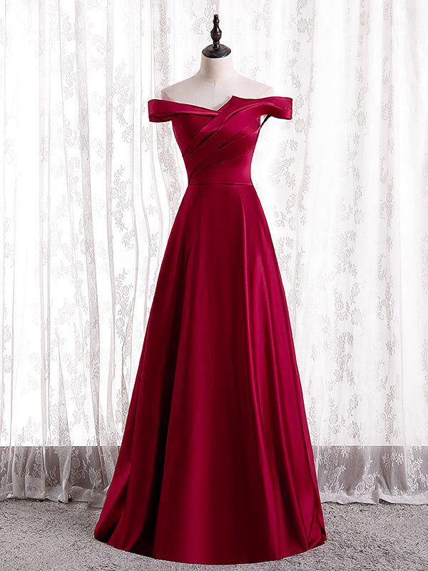 Burgundy Satin Off the Shoulder Pleats Long Prom Dress