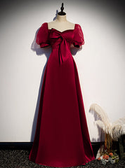 Burgundy Satin Puff Sleeve Beading Bow Prom Dress