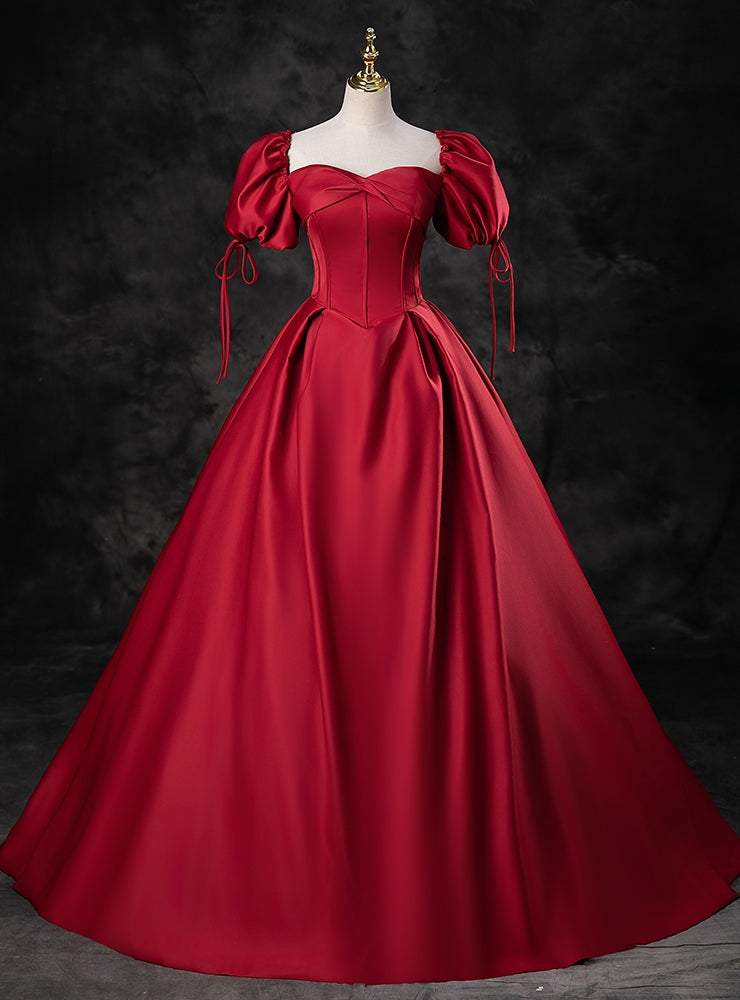 Burgundy Satin Puff Sleeve Strapless Quinceanera Dress