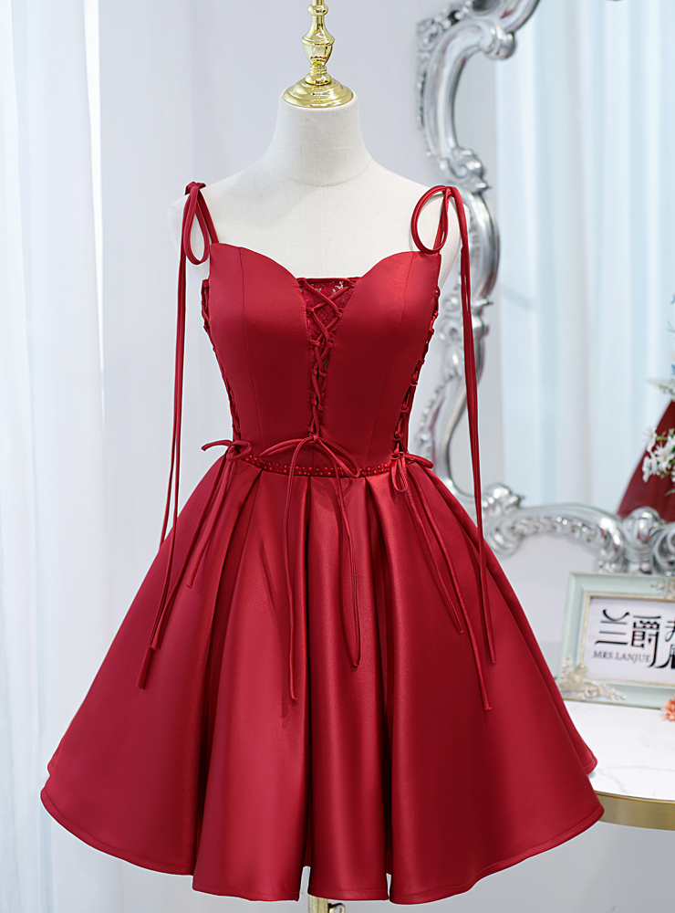 Burgundy Satin Spaghetti Straps Homecoming Dress