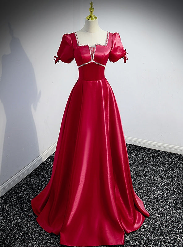 Burgundy Satin Square Puff Sleeve Beading Prom Dress