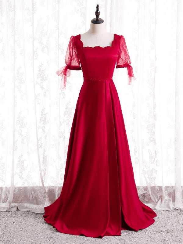 Burgundy Satin Square Short Sleeve Beading Prom Dress