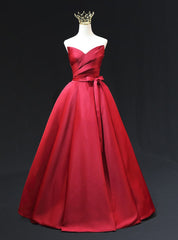 Burgundy Satin Strapless Pleats Prom Dress With Belt