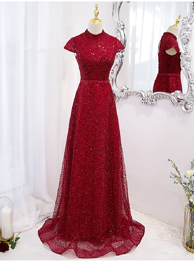 Burgundy Sequins High Cap Sleeve Prom Dress