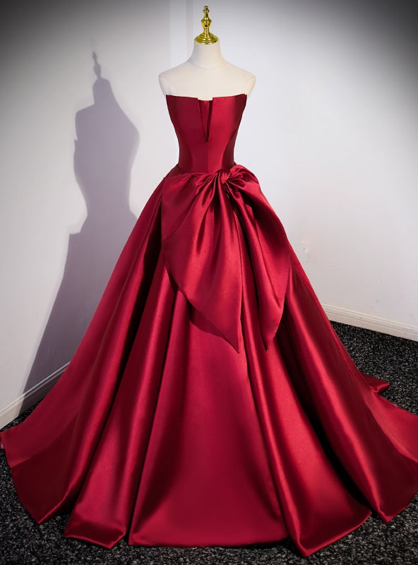 Burgundy Strapless Satin Bow Prom Dress