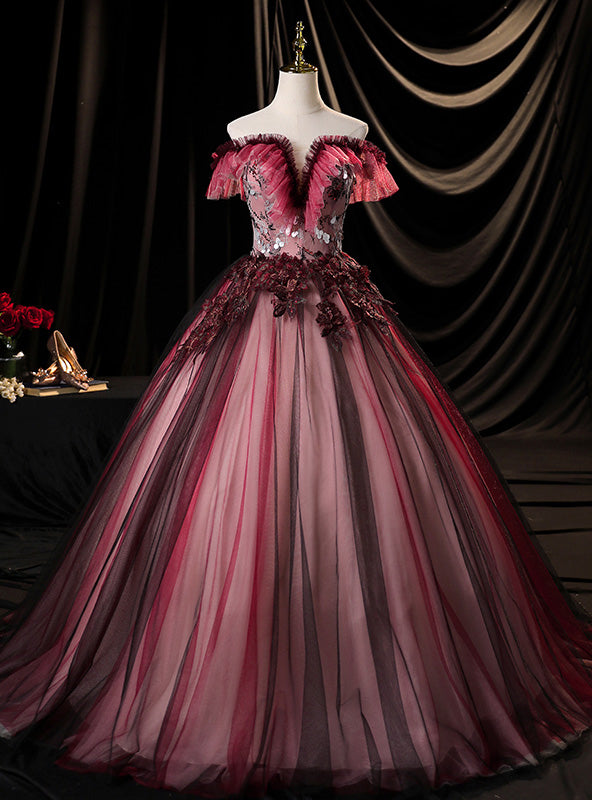 Burgundy Tulle Appliques Quinceanera Dress