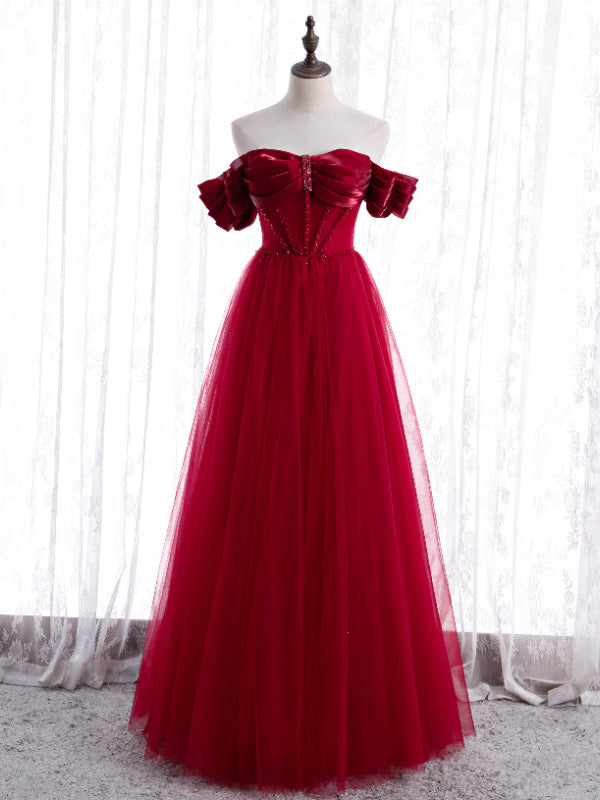 Burgundy Tulle Beading Off the Shoulder Prom Dress