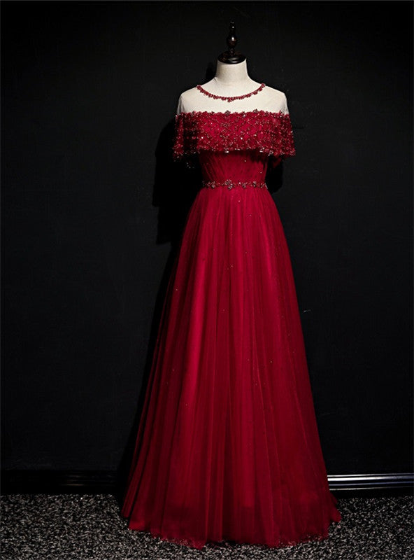 Burgundy Tulle Beading Sequins Lotus Leaf Sleeve Prom Dress