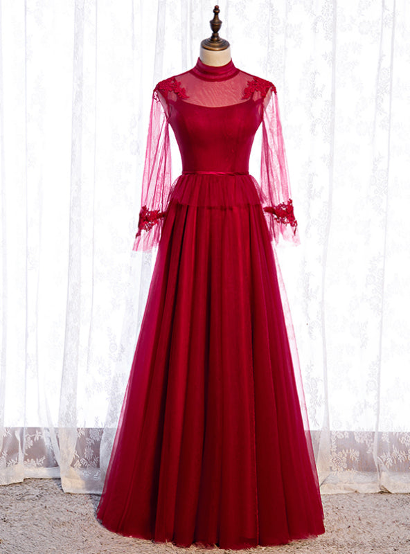 Burgundy Tulle High Neck Long Sleeve Backless Prom Dress