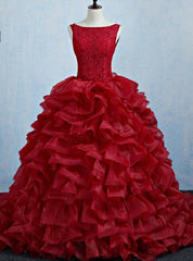 Burgundy Tulle Lace Backless Quinceanera Dress