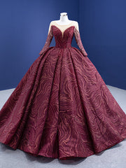 Burgundy Tulle Lace Long Sleeve Prom Dress