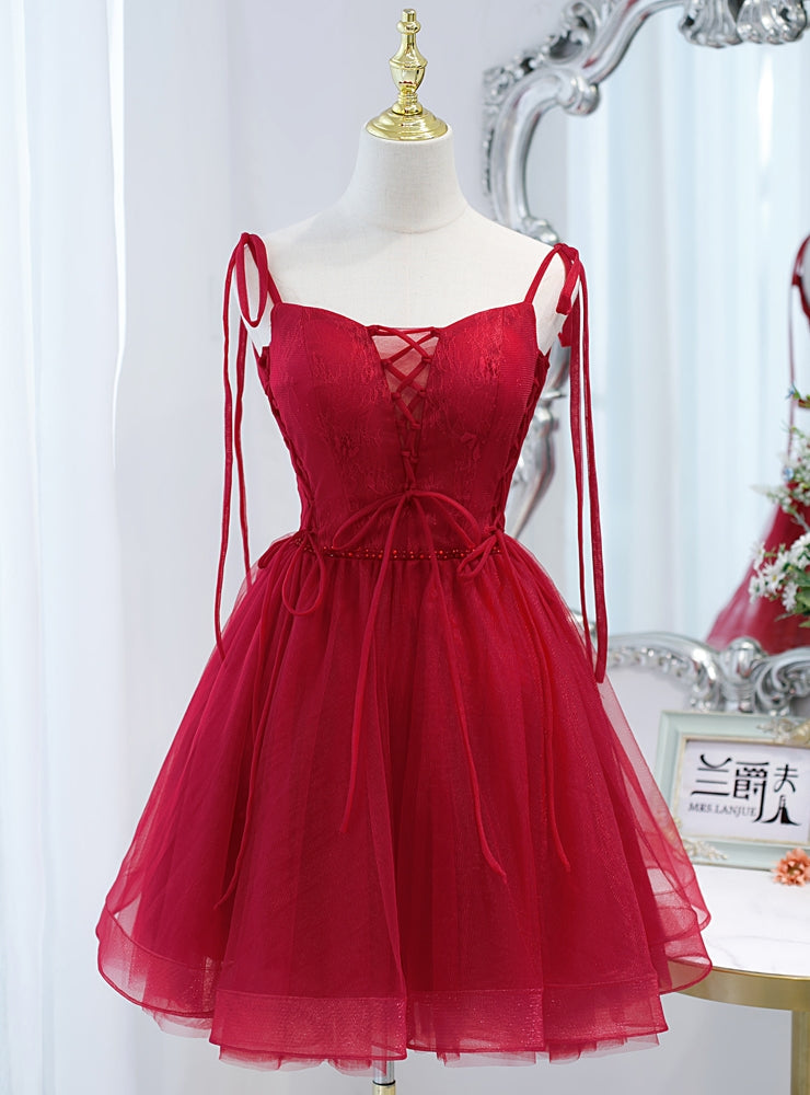 Burgundy Tulle Lace Spaghetti Straps Beading Homecoming Dress