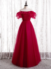 Burgundy Tulle Off the Shoulder Pleats Prom Dress