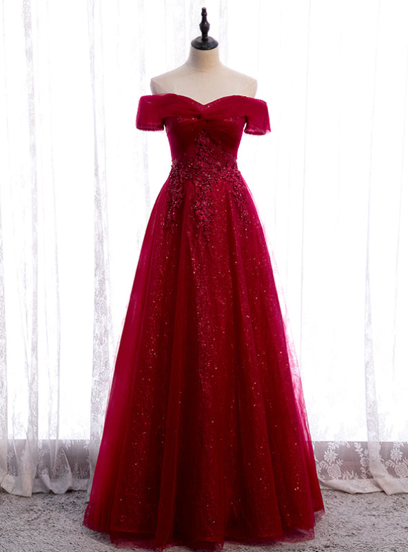 Burgundy Tulle Off the Shoulder Sequins Beading Prom Dress