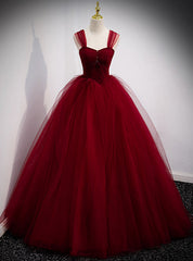 Burgundy Tulle Pleats Besing Sequins Prom Dress