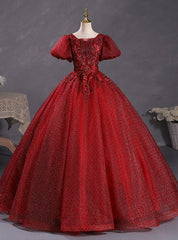 Burgundy Tulle Puff Sleeve Appliques Beadng Quinceanera Dress