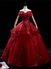 Burgundy Tulle Sequins Appliques Beading Quinceanera Dress