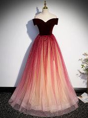 Burgundy Tulle Sequins Off the Shoulder Prom Dress