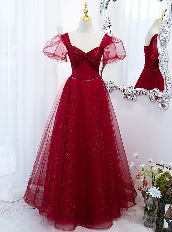 Burgundy Tulle Sequins Square Beading Prom Dress