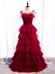 Burgundy Tulle Spagehtti Straps Pleats Tiers Prom Dress