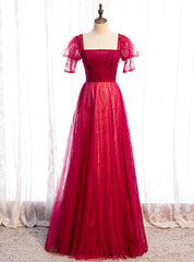 Burgundy Tulle Square Short Sleeve Beading Prom Dress