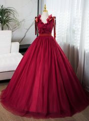 Burgundy Tulle V-neck Pleats Quinceanera Dress