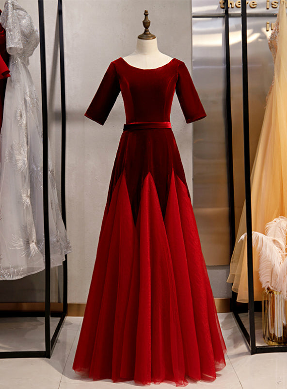 Burgundy Tulle Velvet Short Sleeve Prom Dress