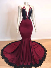 Burgundy V-neck Halter Appliques Long Mermaid Evening Dresses