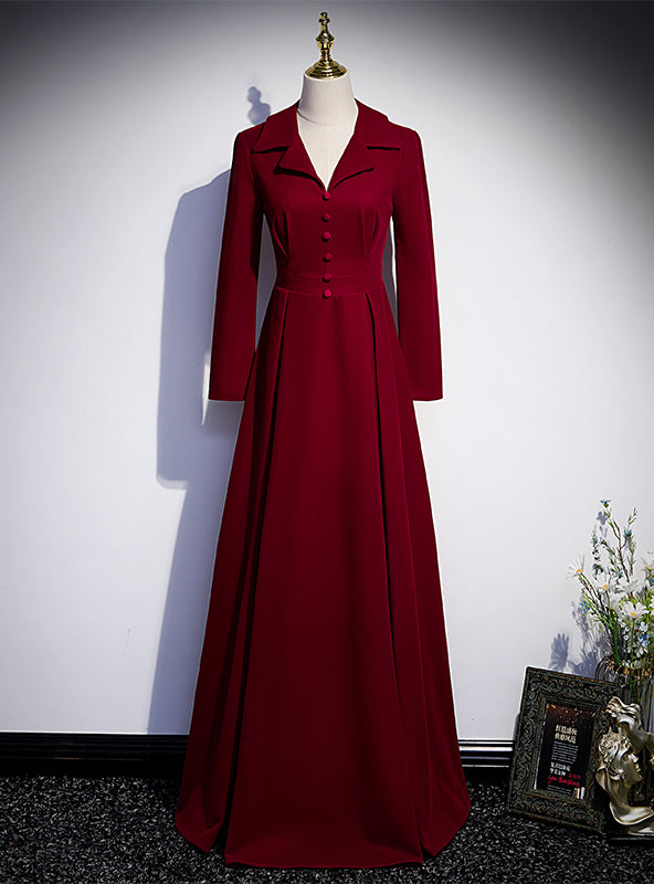 Burgundy V-neck Long Sleeve Prom Dress