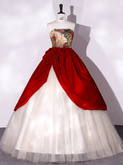 Burgundy Velvet Champagne Tulle Print Quinceanera Dress