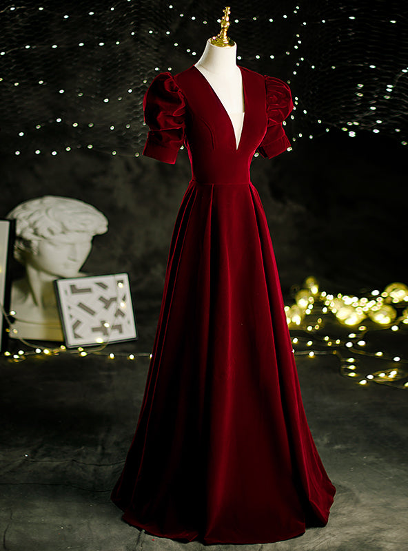 Burgundy Velvet Deep V-neck Puff Sleeve Prom Dress