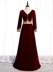 Burgundy Velvet Long Sleeve Appliques V-neck Prom Dress