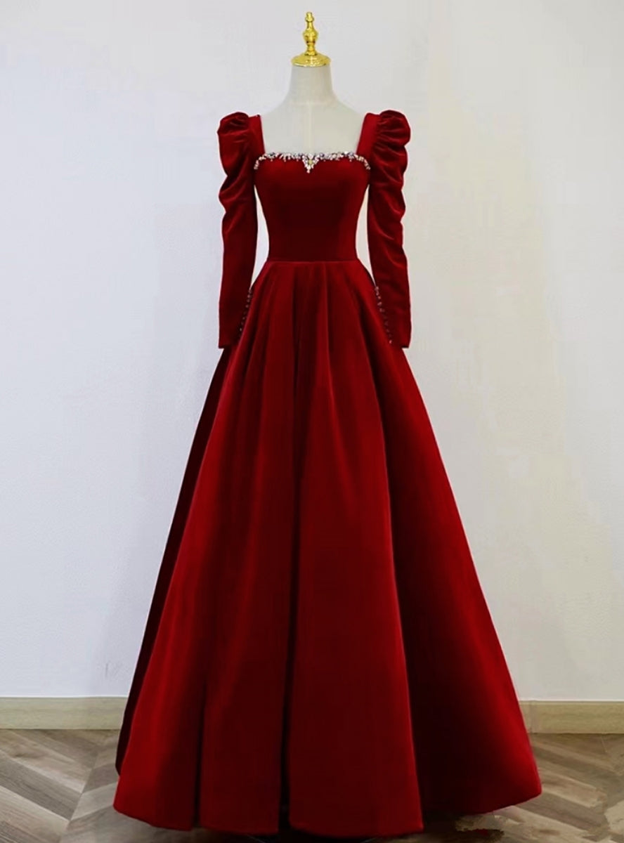 Burgundy Velvet Long Sleeve Crystal Prom Dress