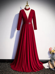 Burgundy Velvet Long Sleeve Pleats Prom Dress