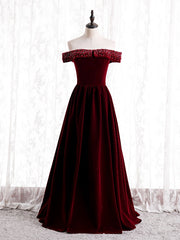 Burgundy Velvet Off the Shoulder Beading Prom Dress