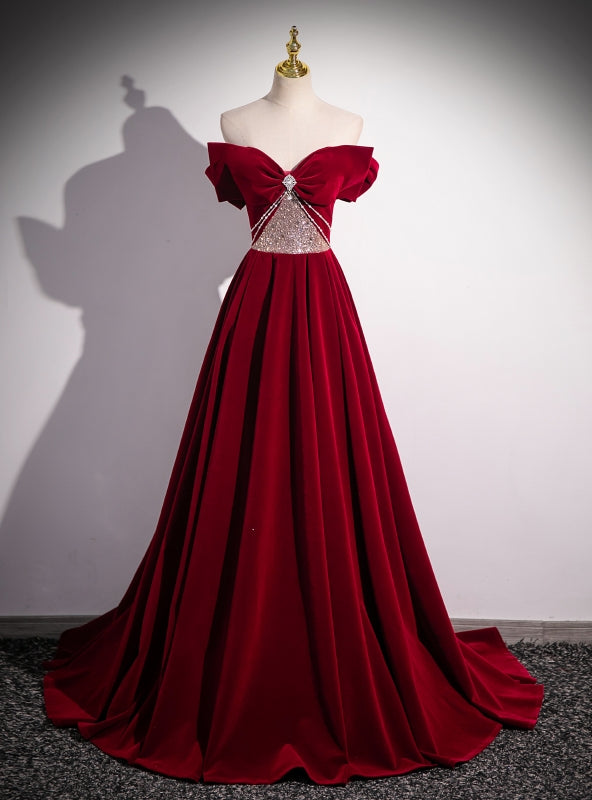 Burgundy Velvet Off the Shoulder Pleats Beading Prom Dress