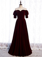 Burgundy Velvet Off the Shoulder Short Sleeve Prom Dress