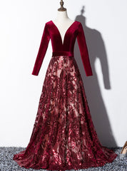 Burgundy Velvet Sequins Long Sleeve See Though V-neck Prom Dress