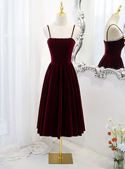 Burgundy Velvet Spaghetti Straps Tea Length Prom Dress