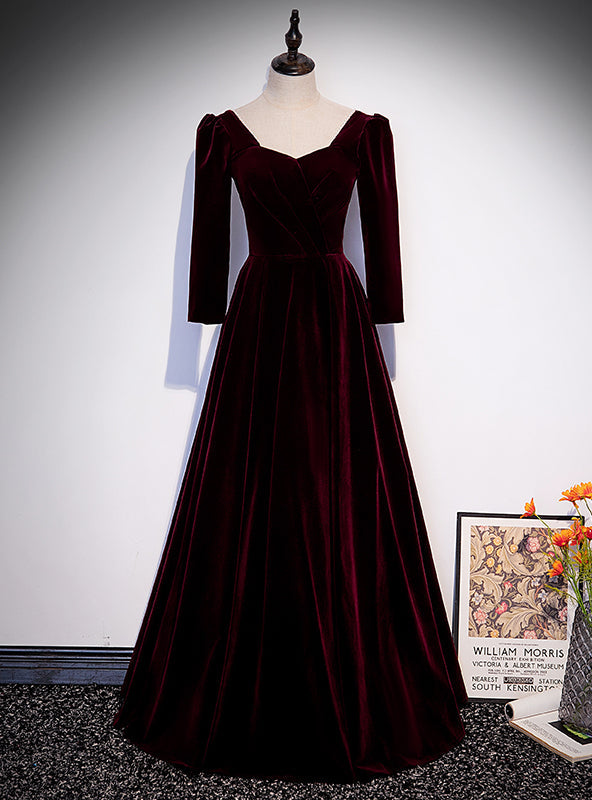 Burgundy Velvet Square Long Sleeve Prom Dress