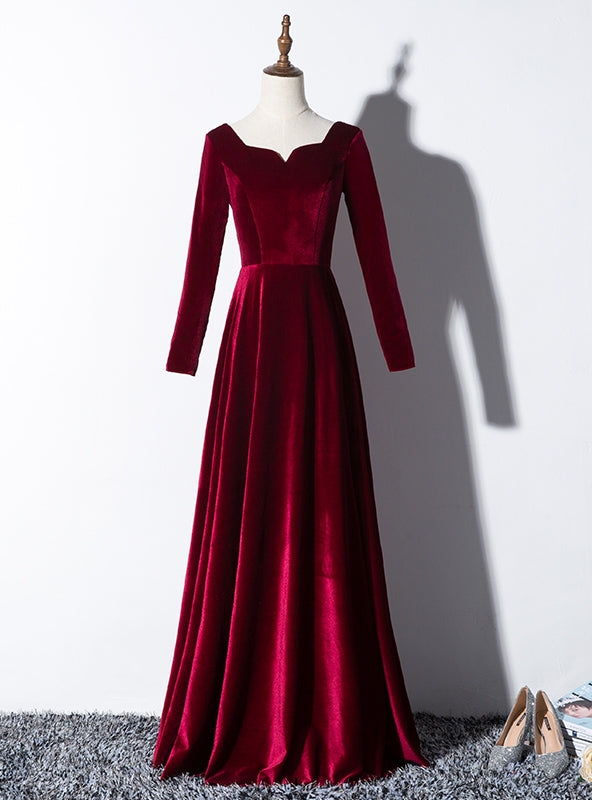 Burgundy Velvet Square Neck Long Sleeve Prom Dress