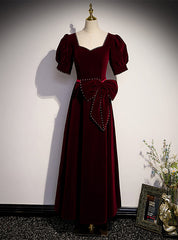 Burgundy Velvet Square Puff Sleeve Pearls Prom Dress