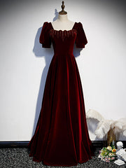 Burgundy Velvet Square Short Sleeve Beading Prom Dress